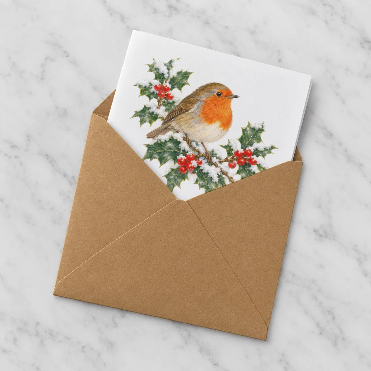 Winter Robin and Holly Greeting Card – Half in Envelope