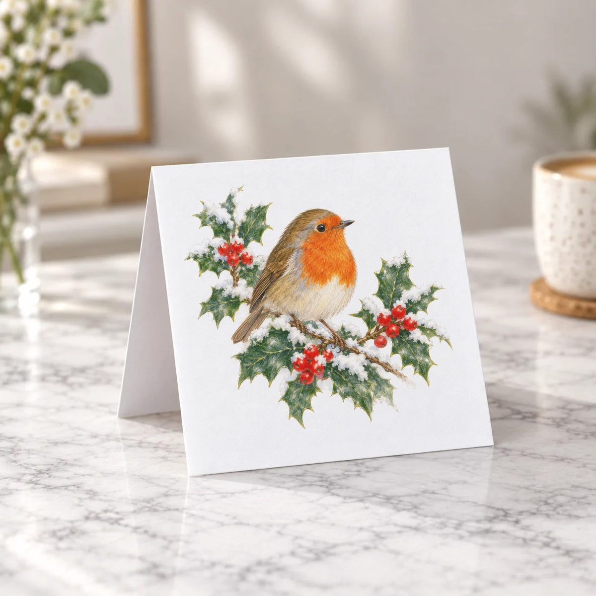 Winter Robin and Holly Greeting Card – Tent Fold