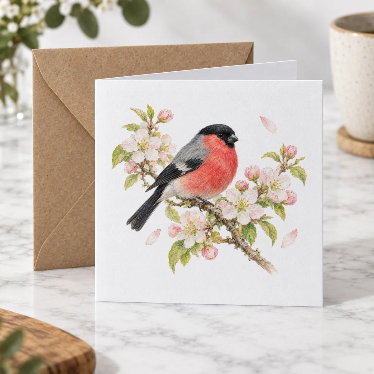 Bullfinch and Spring Blossoms Greeting Card – Hero