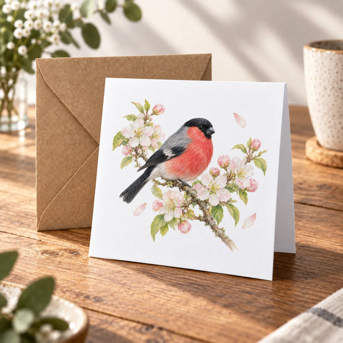 Bullfinch and Spring Blossoms Greeting Card – Warm Wood