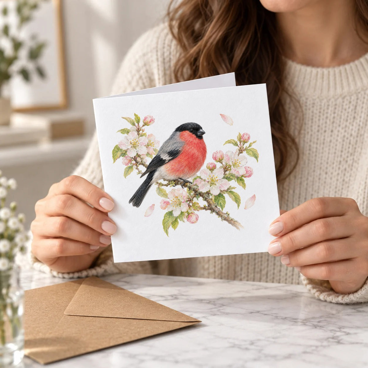 Bullfinch and Spring Blossoms Greeting Card – Held Card