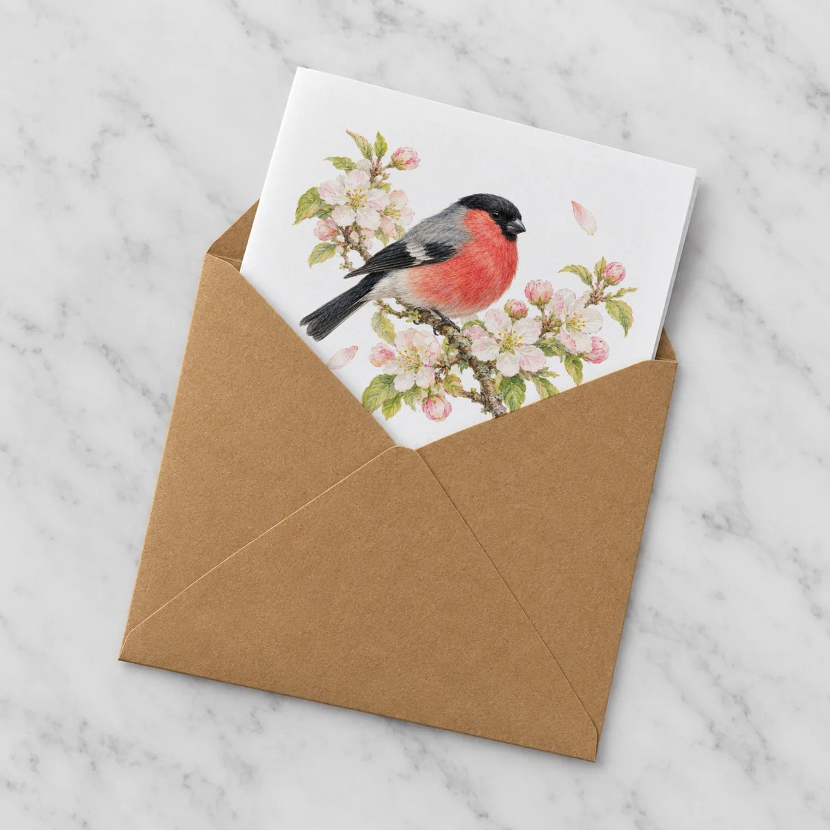 Bullfinch and Spring Blossoms Greeting Card – Half in Envelope