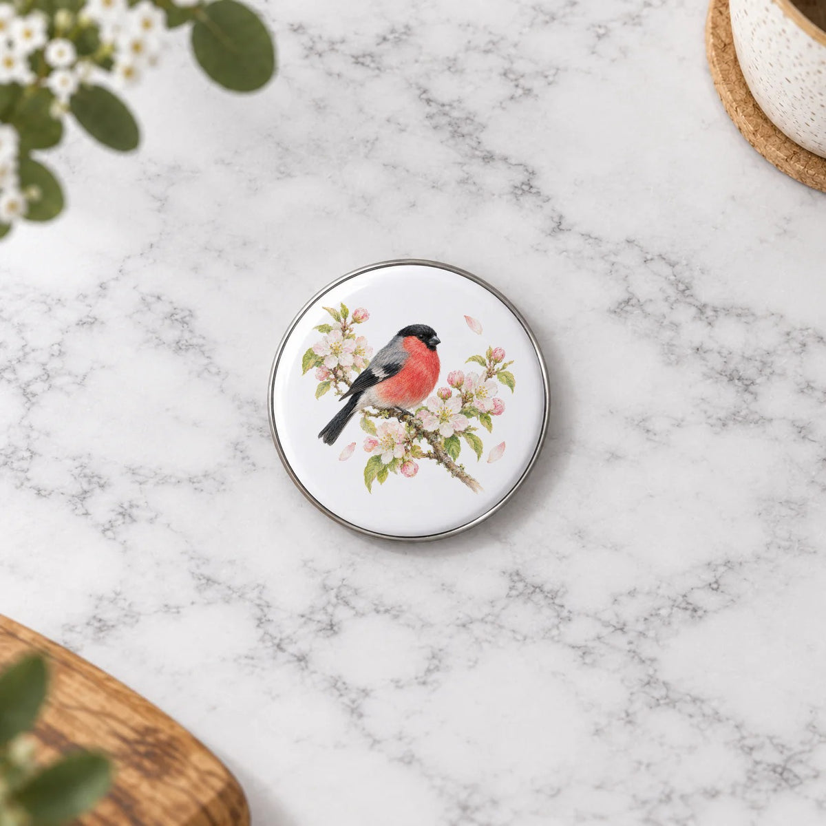 Bullfinch and Spring Blossoms Greeting Card – Badge Small