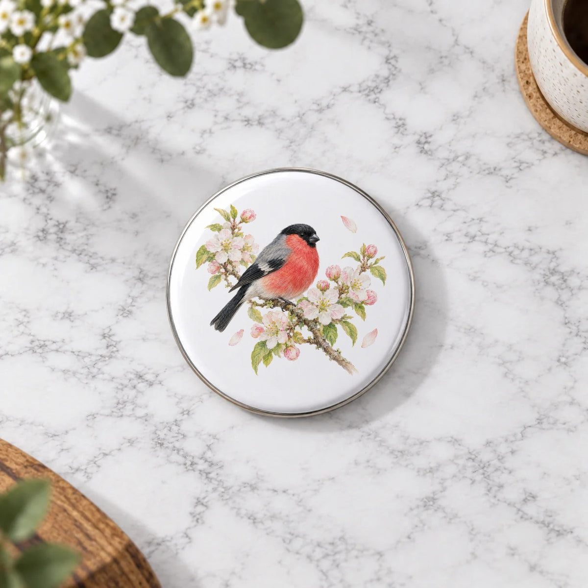Bullfinch and Spring Blossoms Greeting Card – Badge Large