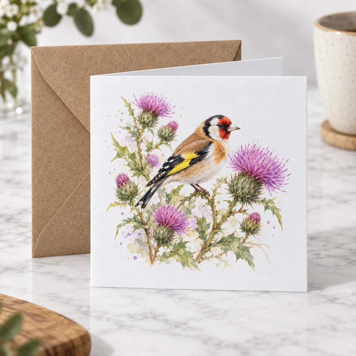 Goldfinch and Purple Thistles Greeting Card – Hero