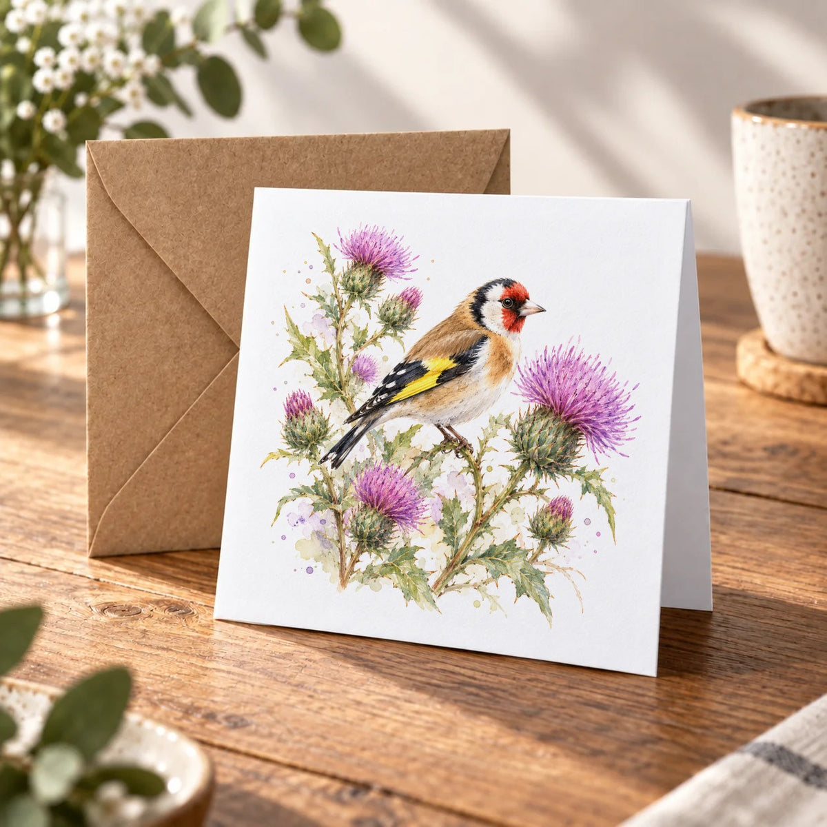 Goldfinch and Purple Thistles Greeting Card – Warm Wood