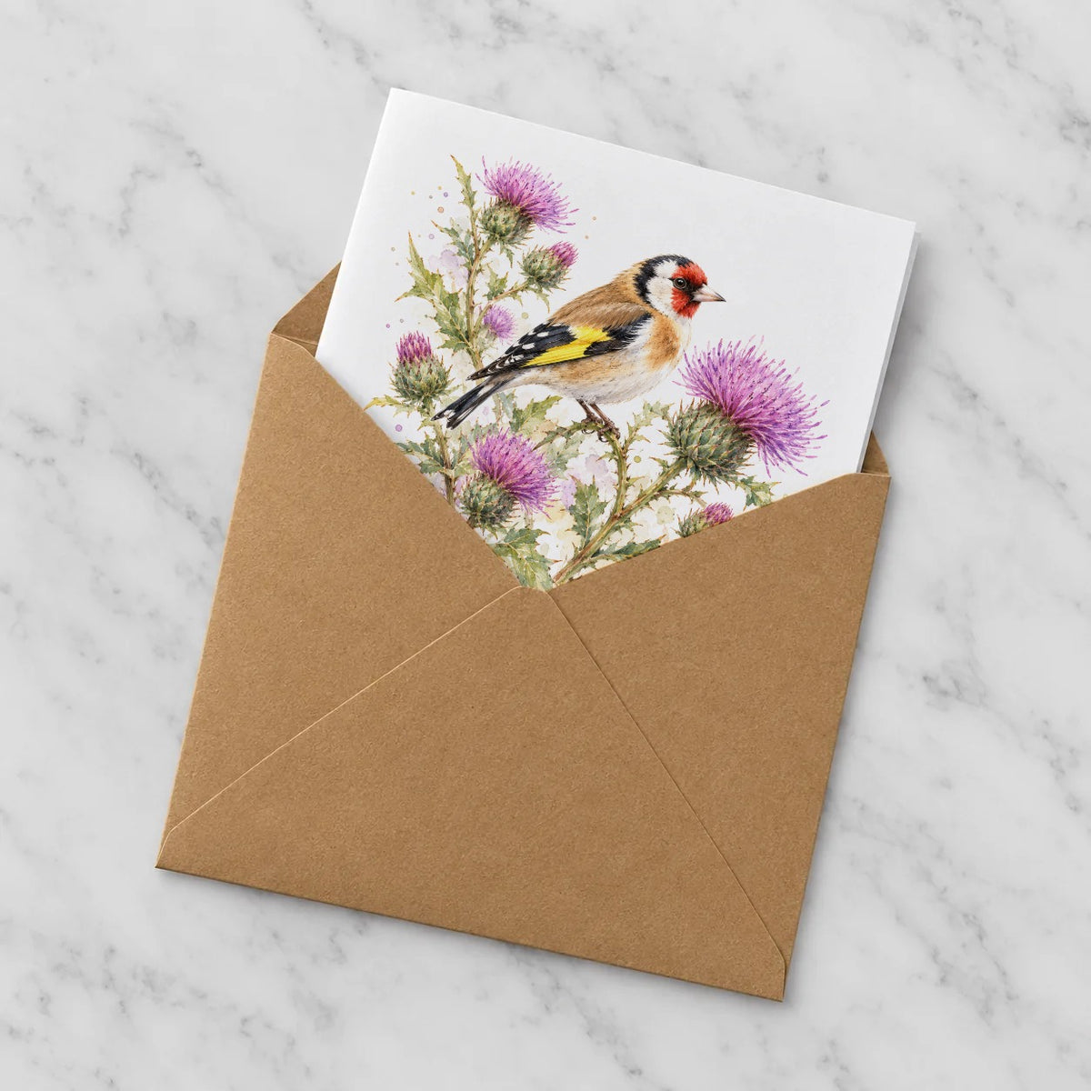 Goldfinch and Purple Thistles Greeting Card – Half in Envelope