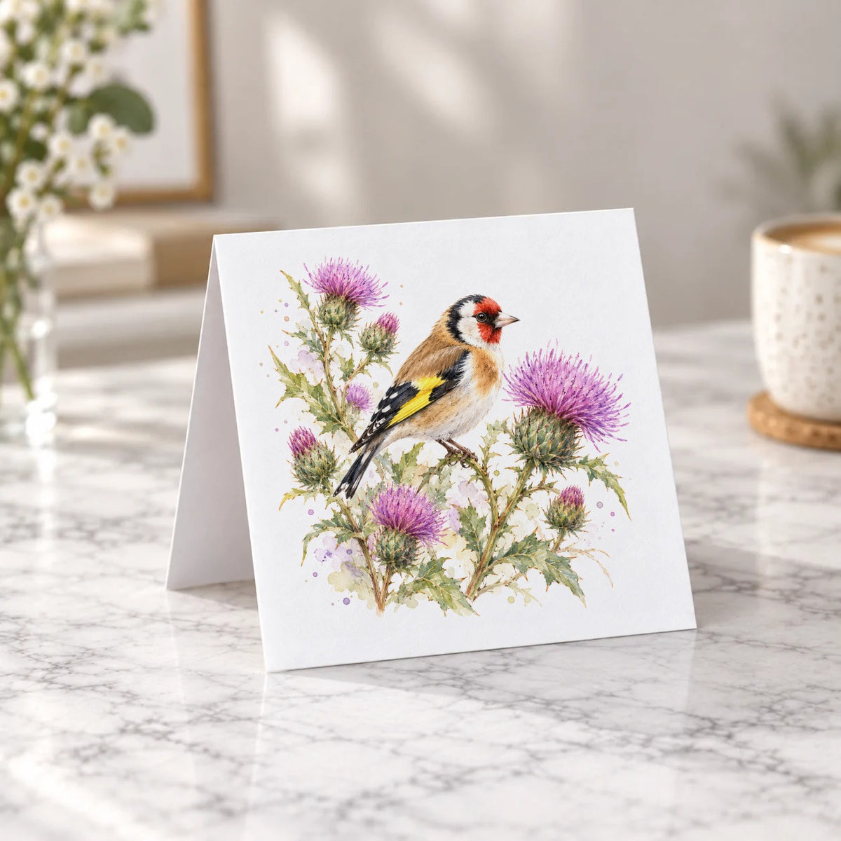 Goldfinch and Purple Thistles Greeting Card – Tent Fold