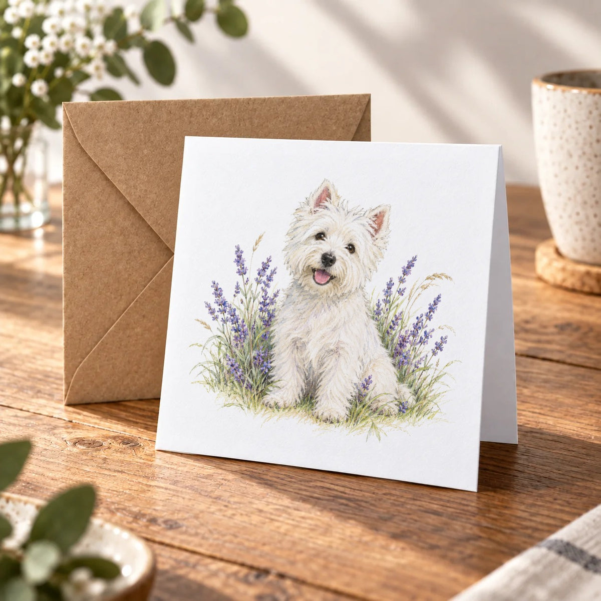 Westie and Lavender Greeting Card – Warm Wood