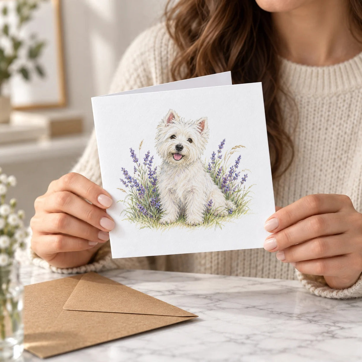 Westie and Lavender Greeting Card – Held Card