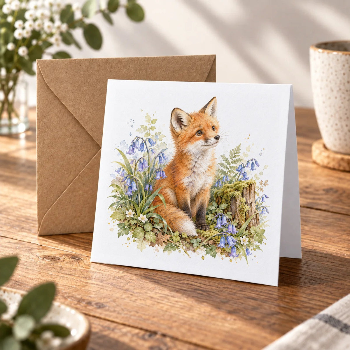 Woodland Fox and Bluebells Greeting Card – Warm Wood