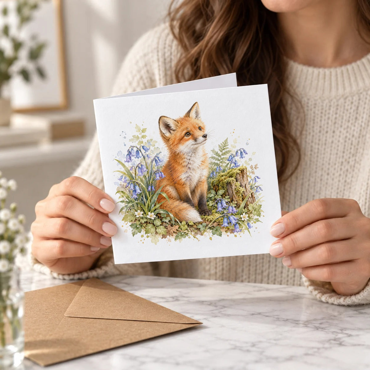 Woodland Fox and Bluebells Greeting Card – Held Card