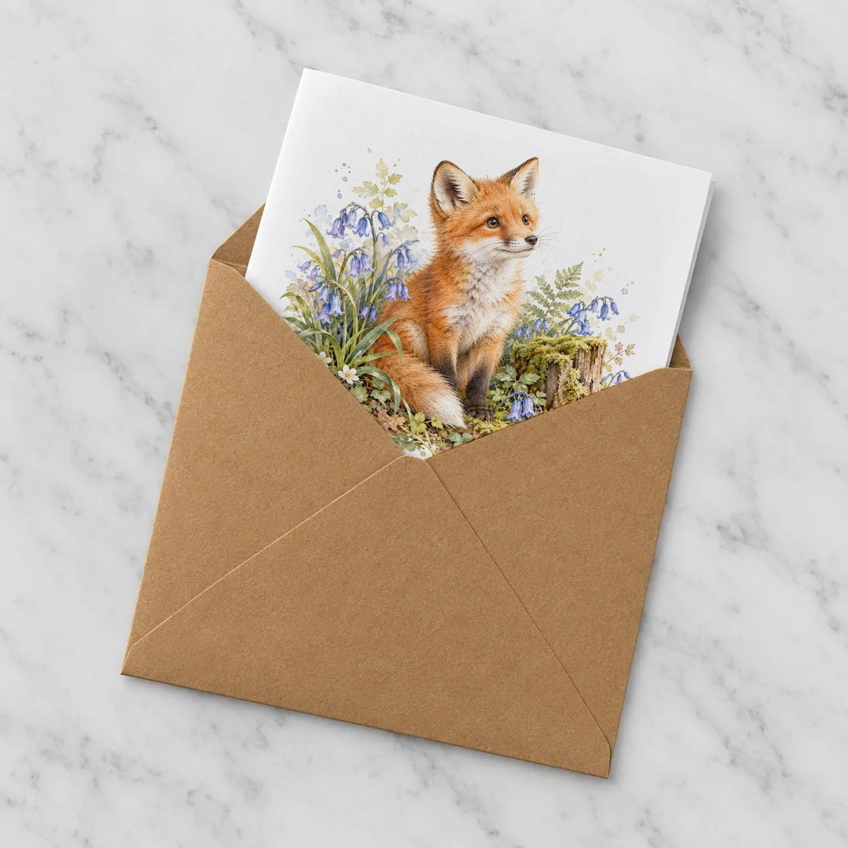 Woodland Fox and Bluebells Greeting Card – Half in Envelope