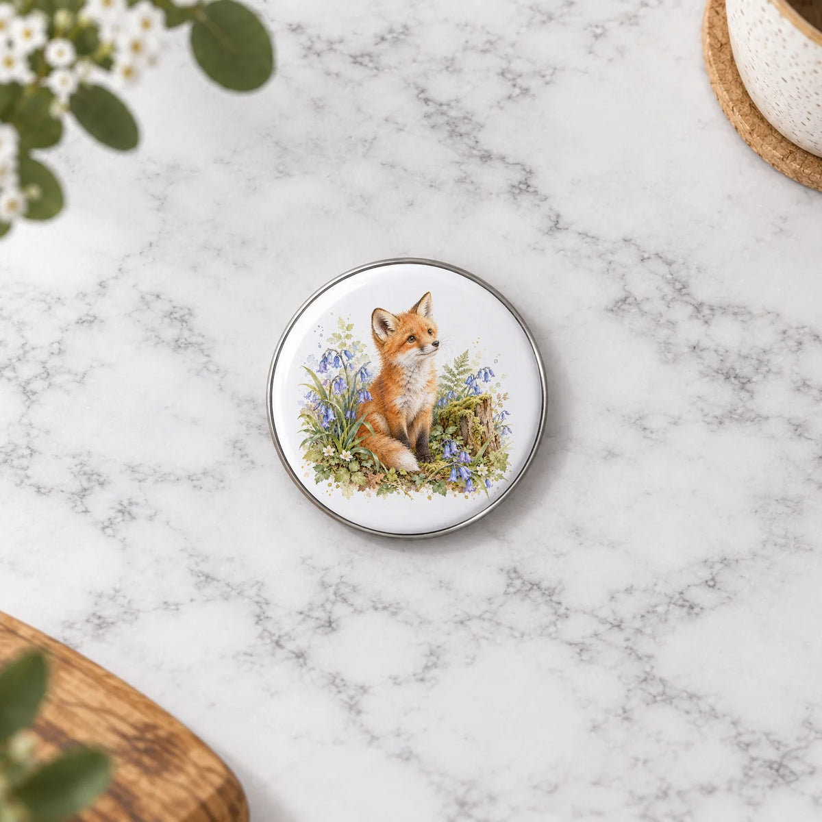 Woodland Fox and Bluebells Greeting Card – Badge Small