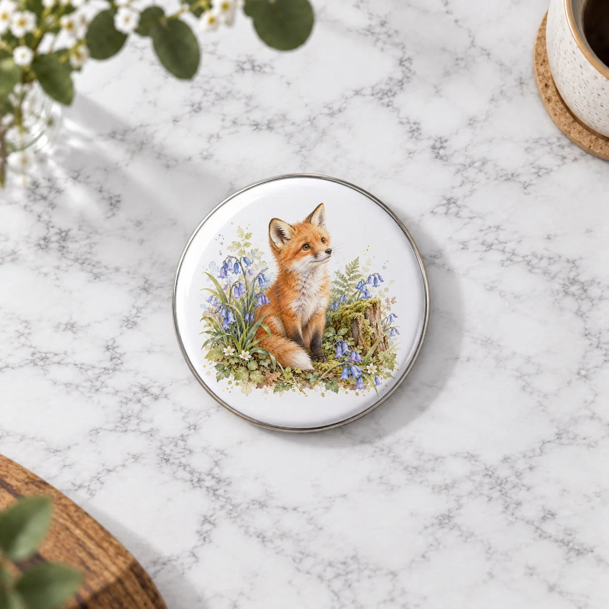 Woodland Fox and Bluebells Greeting Card – Badge Large