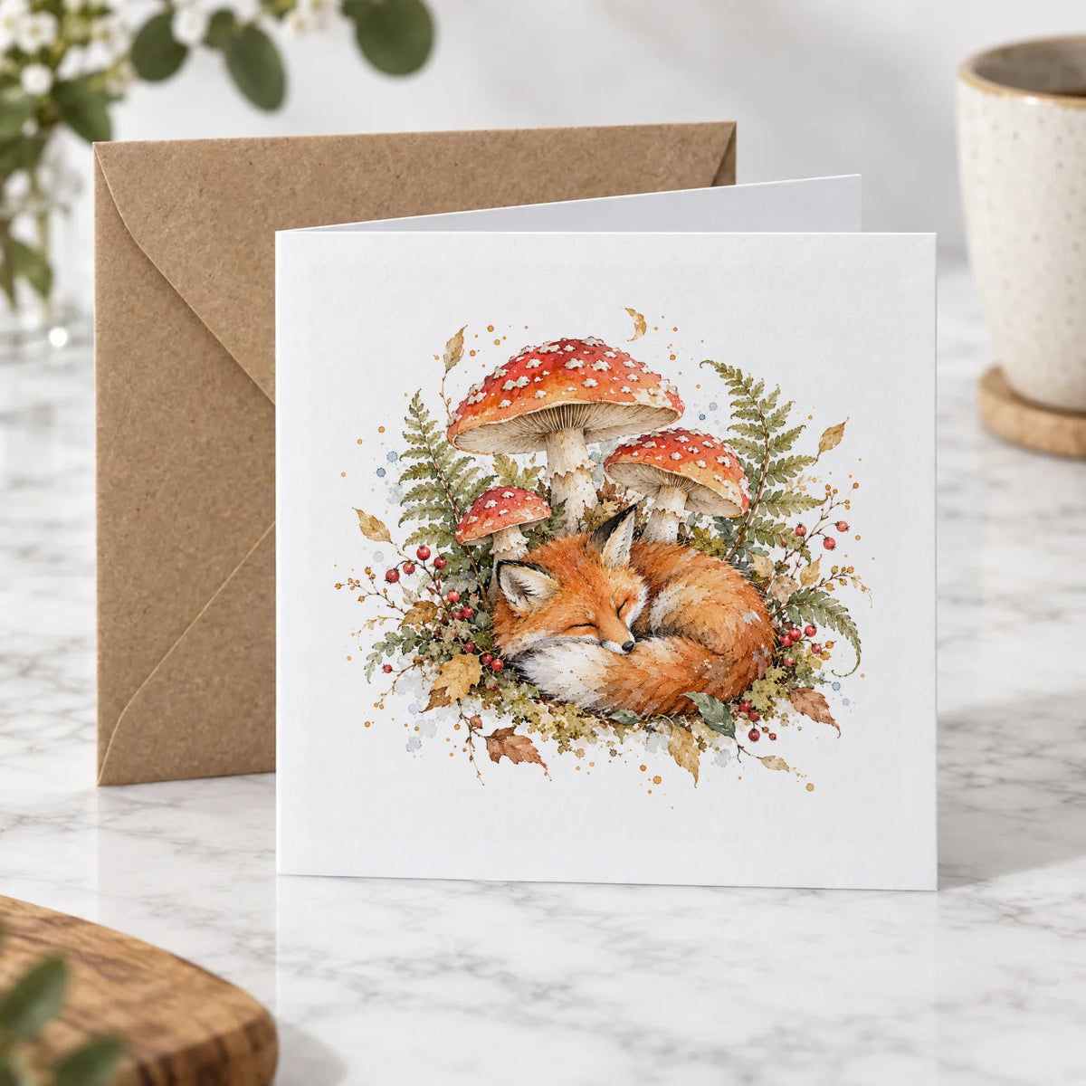 Sleeping Fox and Autumn Toadstools Greeting Card – Hero