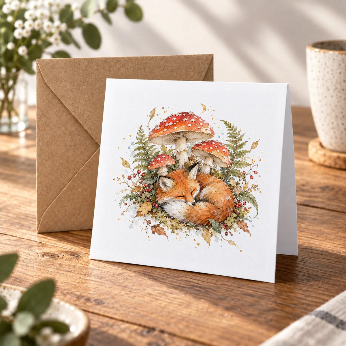 Sleeping Fox and Autumn Toadstools Greeting Card – Warm Wood
