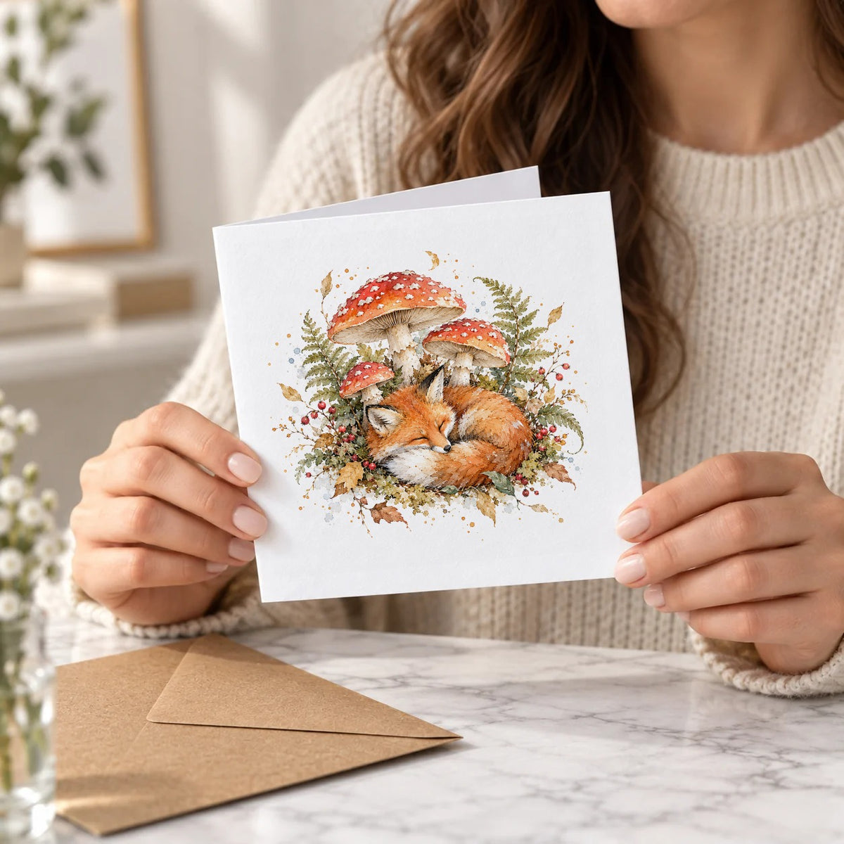 Sleeping Fox and Autumn Toadstools Greeting Card – Held Card