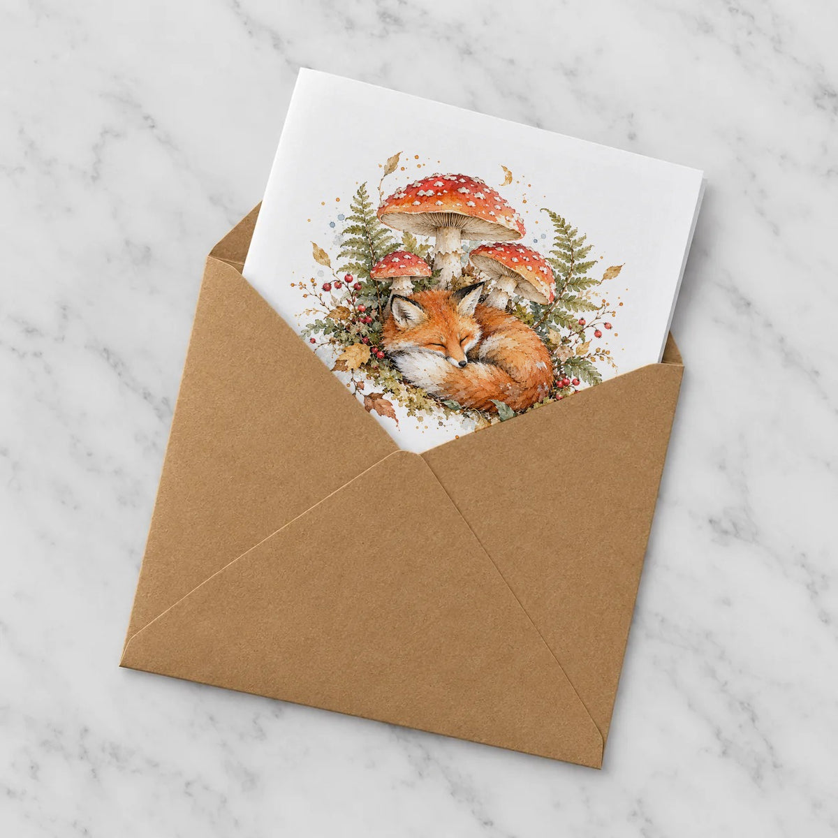 Sleeping Fox and Autumn Toadstools Greeting Card – Half in Envelope