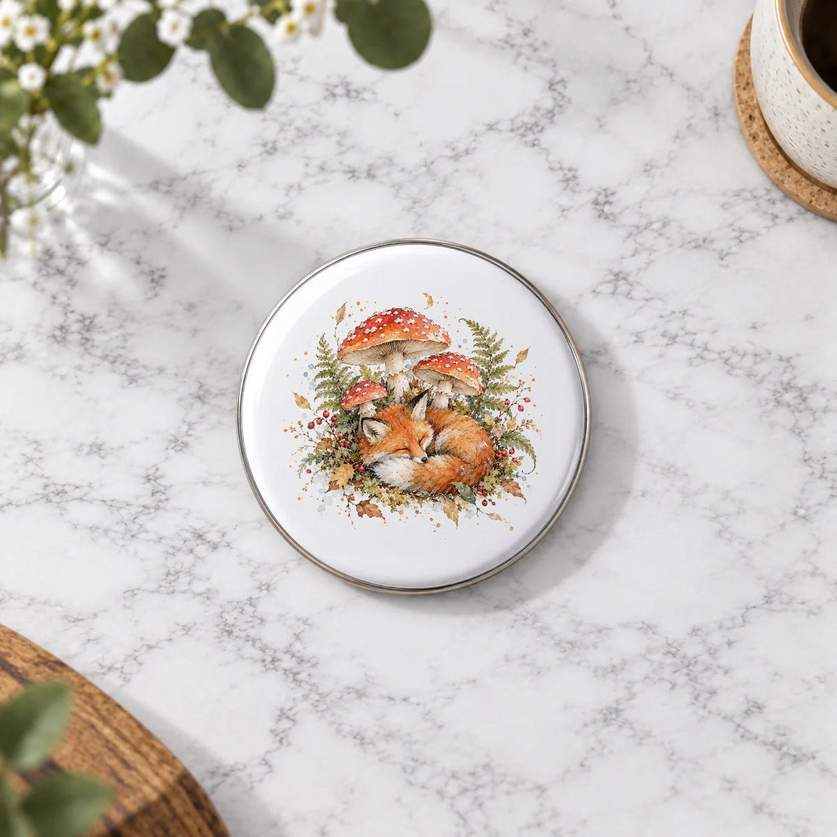 Sleeping Fox and Autumn Toadstools Greeting Card – Badge Large