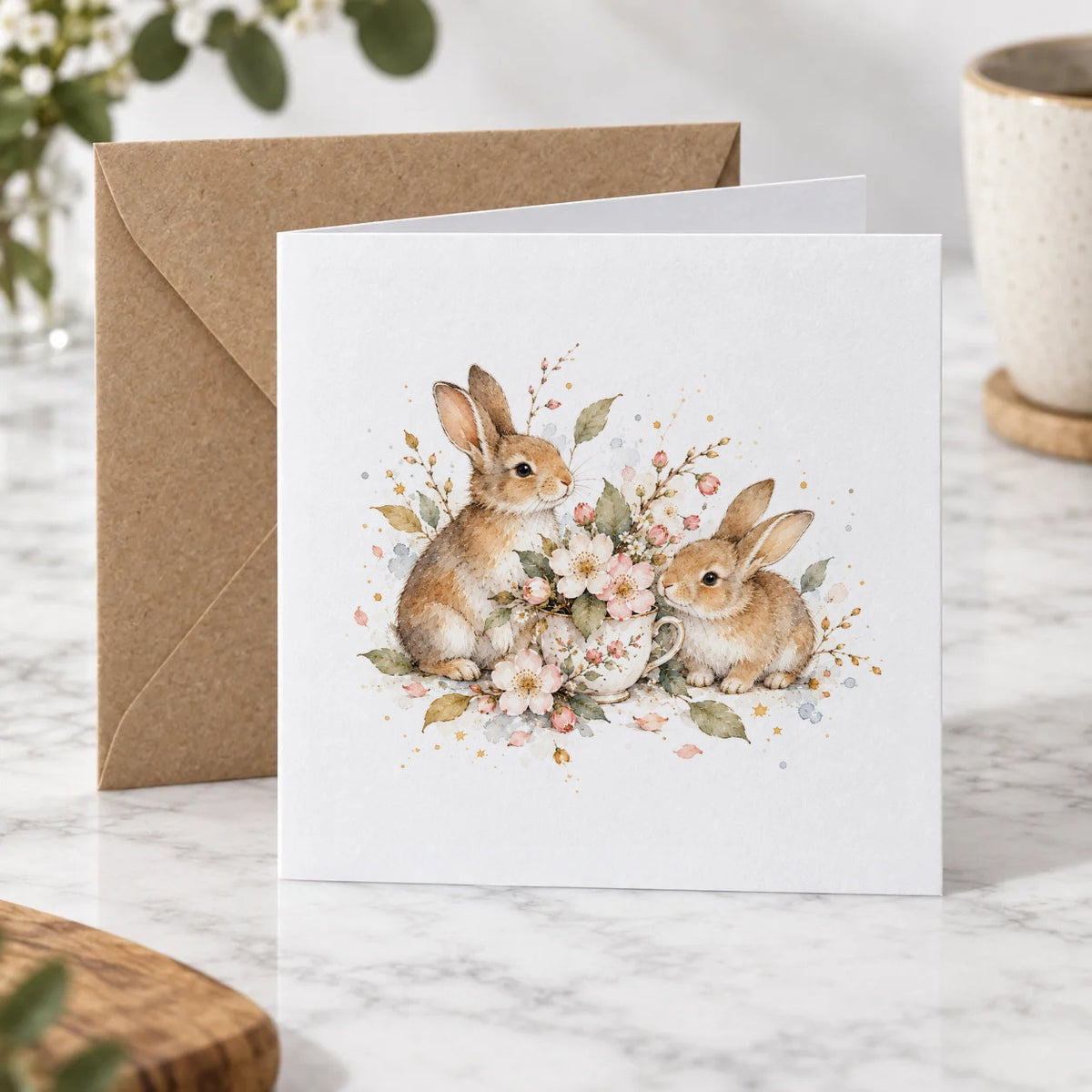 Spring Bunnies and Blossoms Greeting Card – Hero