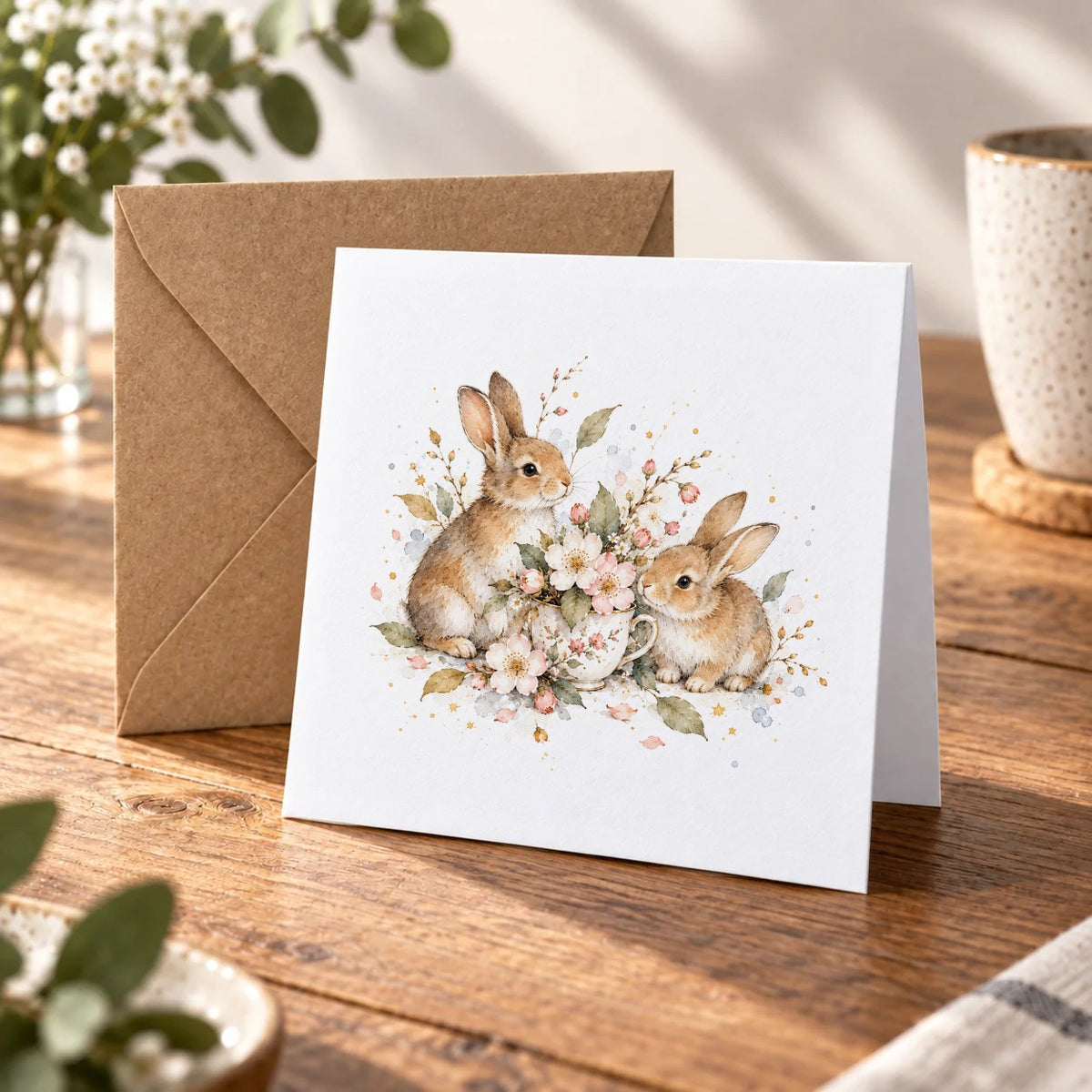 Spring Bunnies and Blossoms Greeting Card – Warm Wood