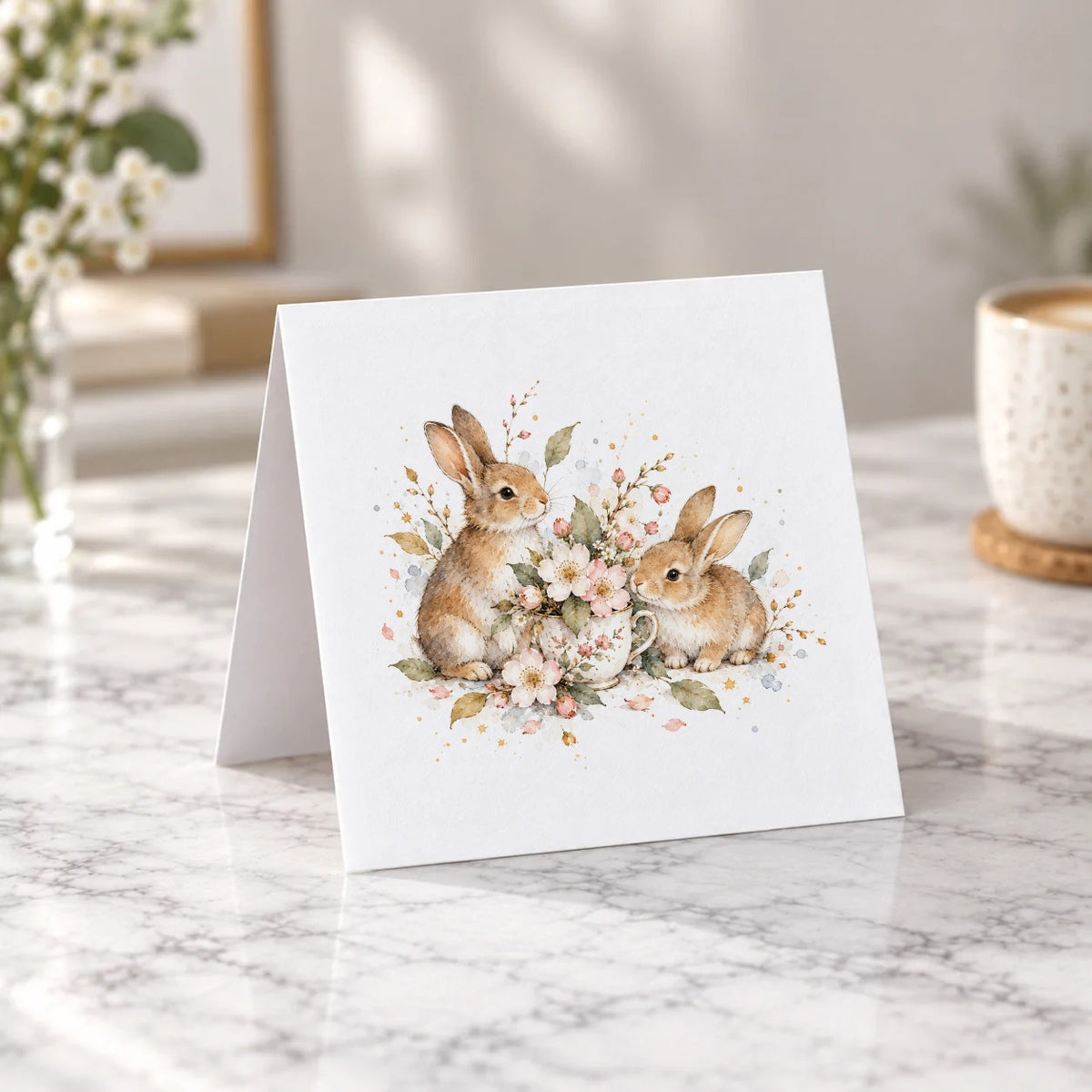 Spring Bunnies and Blossoms Greeting Card – Tent Fold
