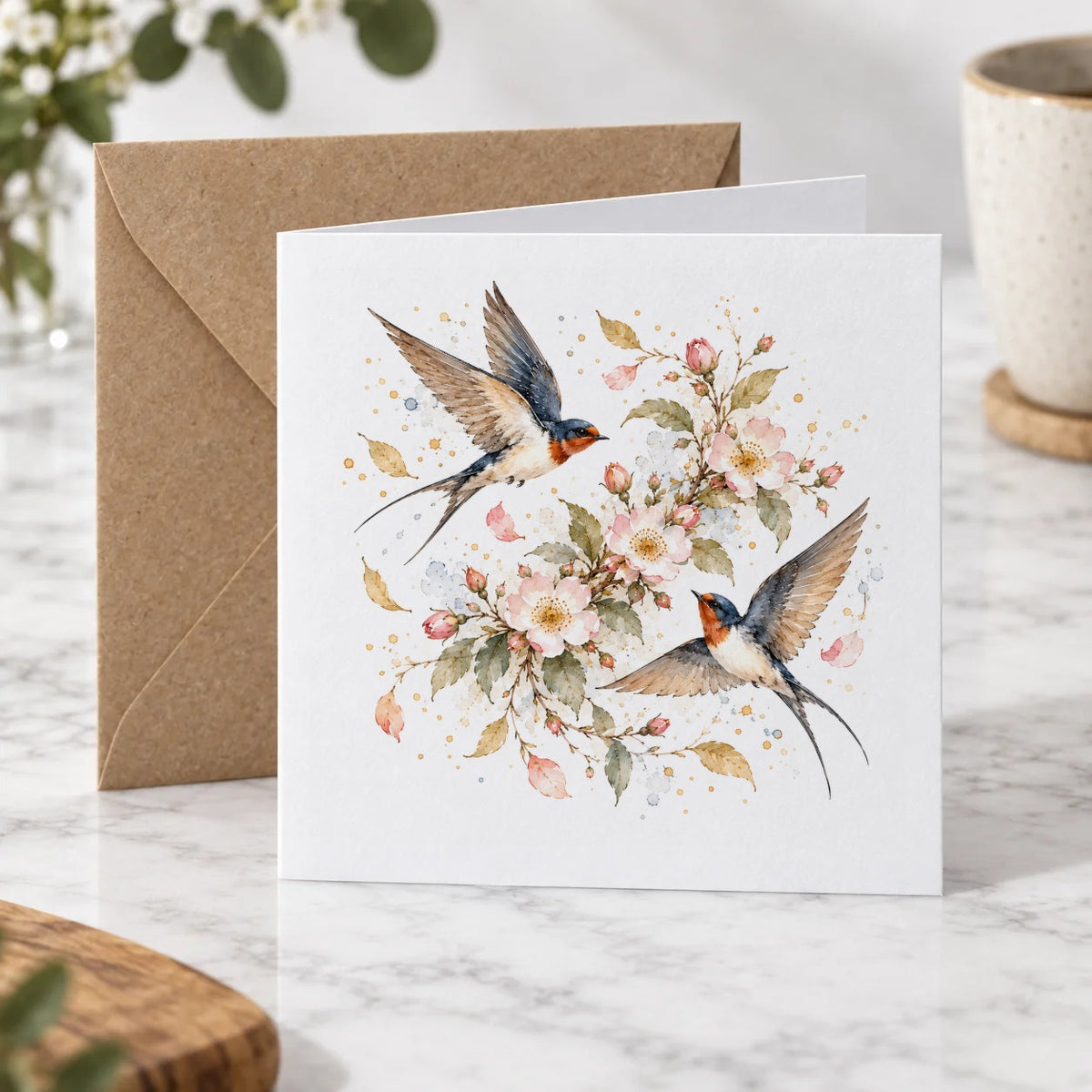 Swallows and Wild Roses Greeting Card – Hero