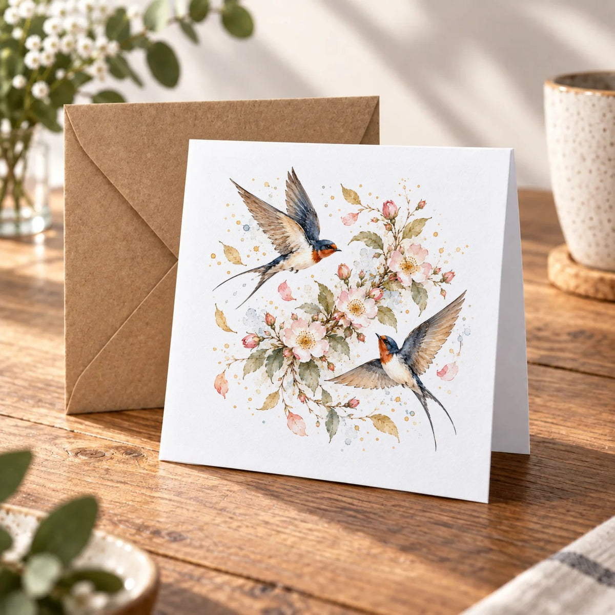 Swallows and Wild Roses Greeting Card – Warm Wood