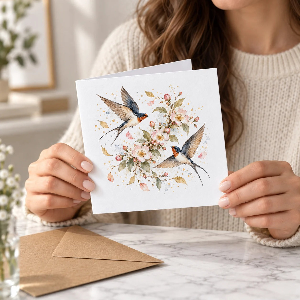 Swallows and Wild Roses Greeting Card – Held Card
