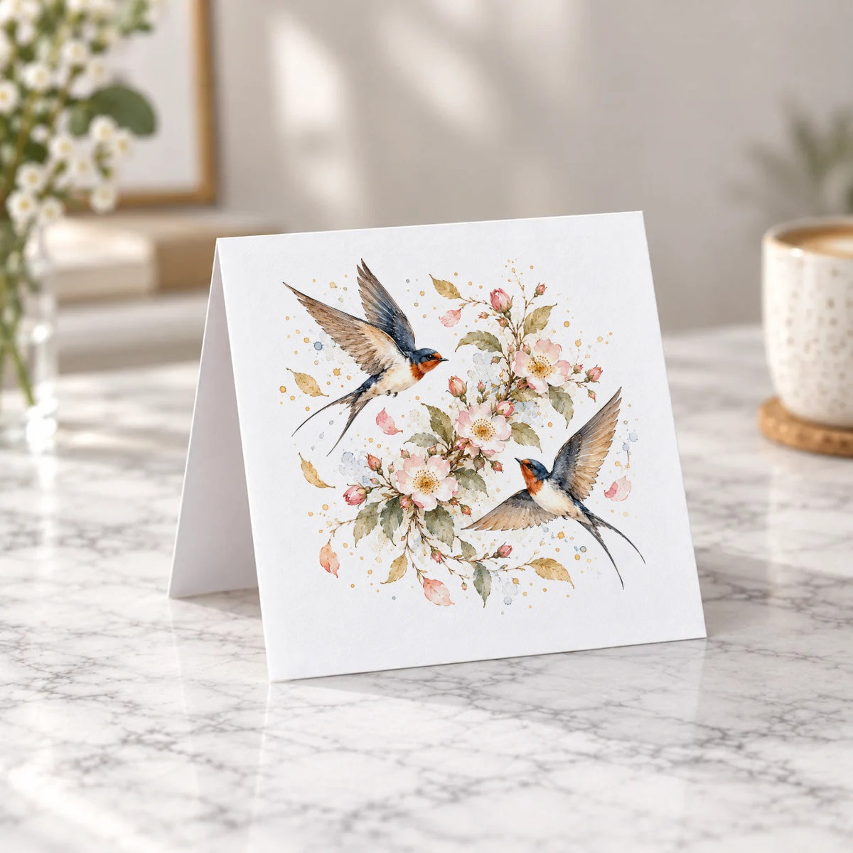Swallows and Wild Roses Greeting Card – Tent Fold