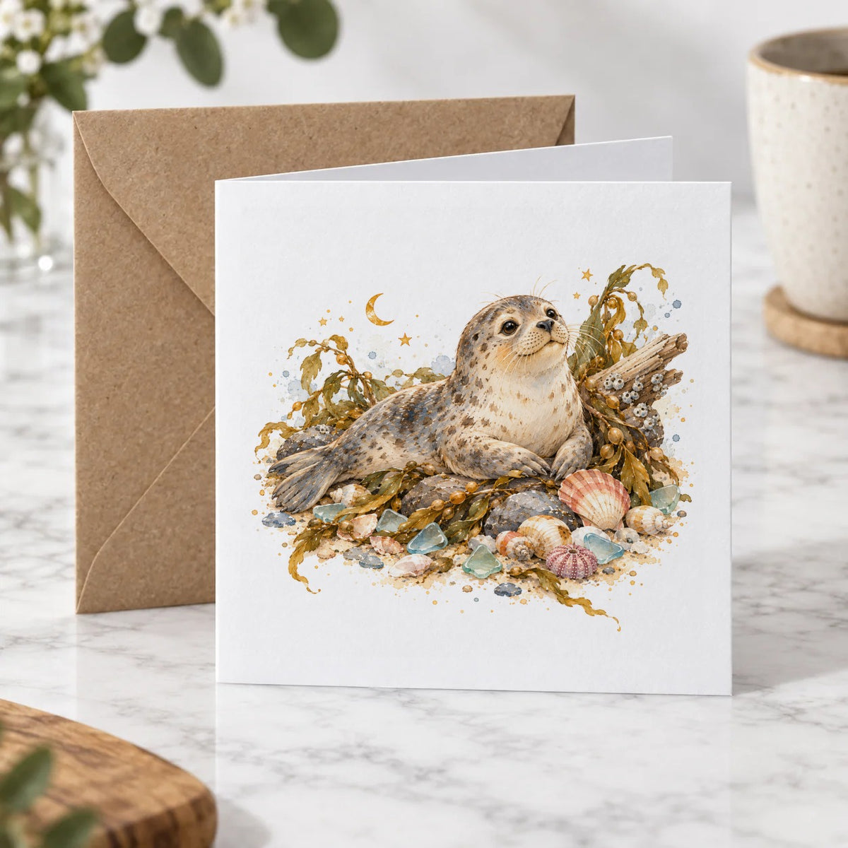 Moonlit Seal and Seashells Greeting Card – Hero