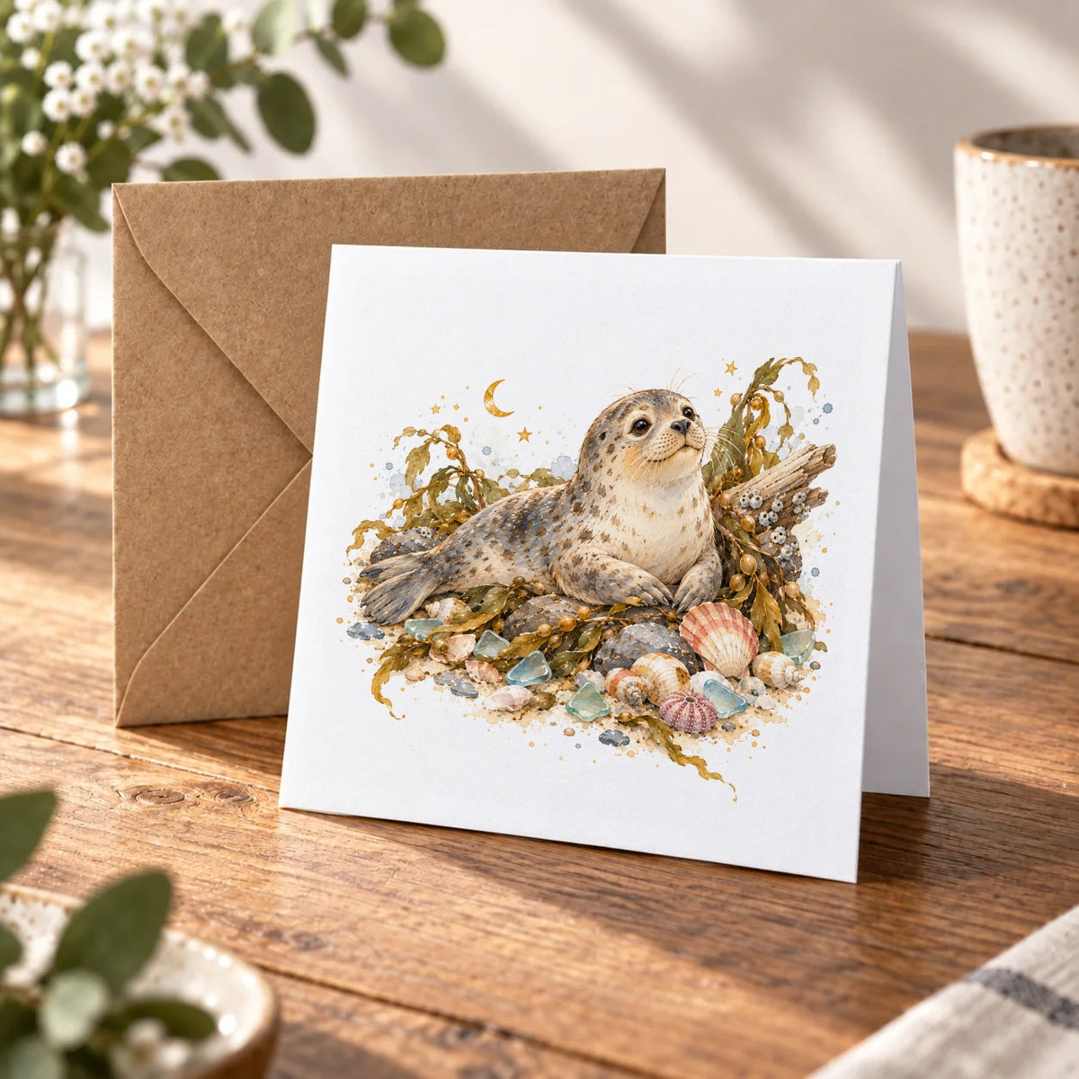 Moonlit Seal and Seashells Greeting Card – Warm Wood