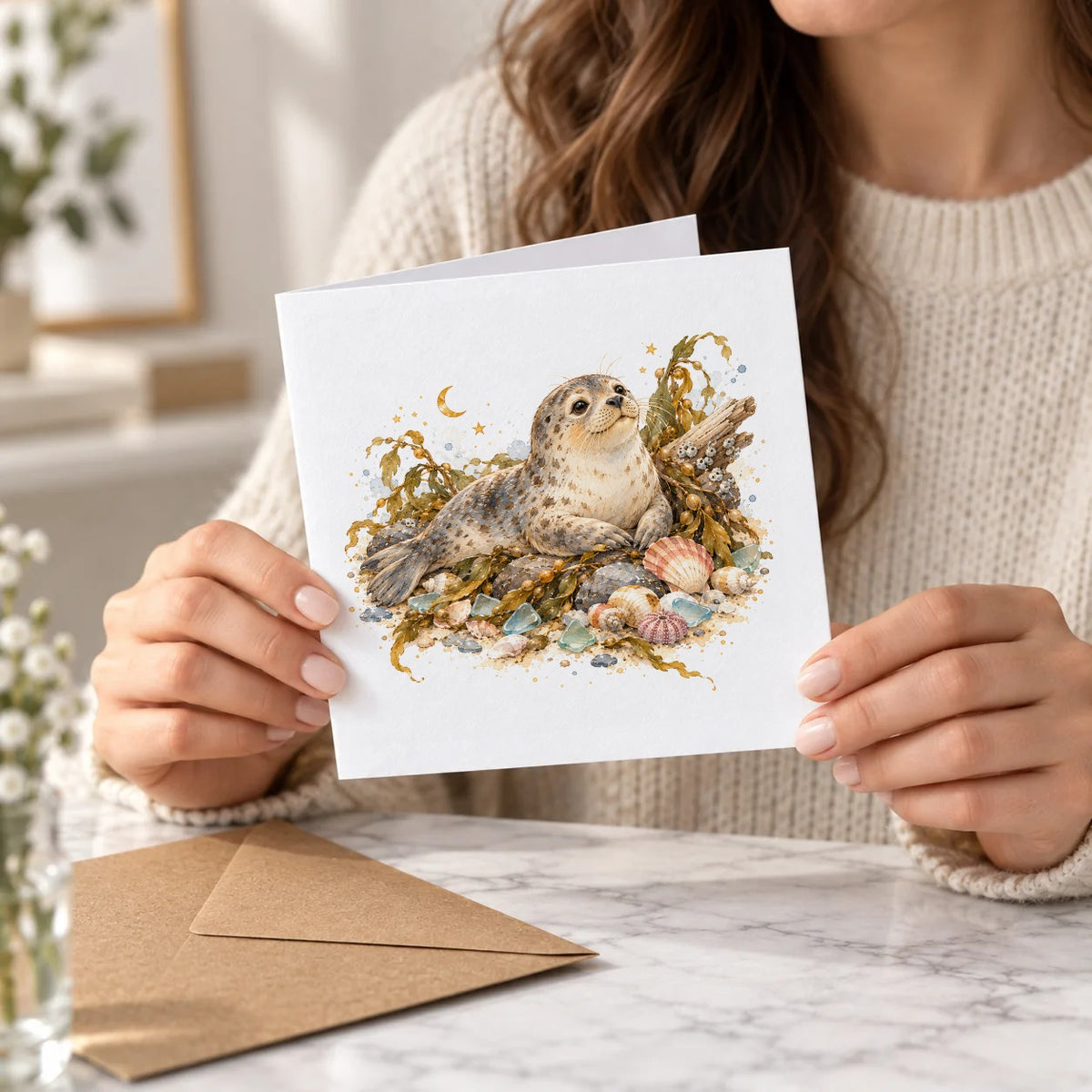 Moonlit Seal and Seashells Greeting Card – Held Card