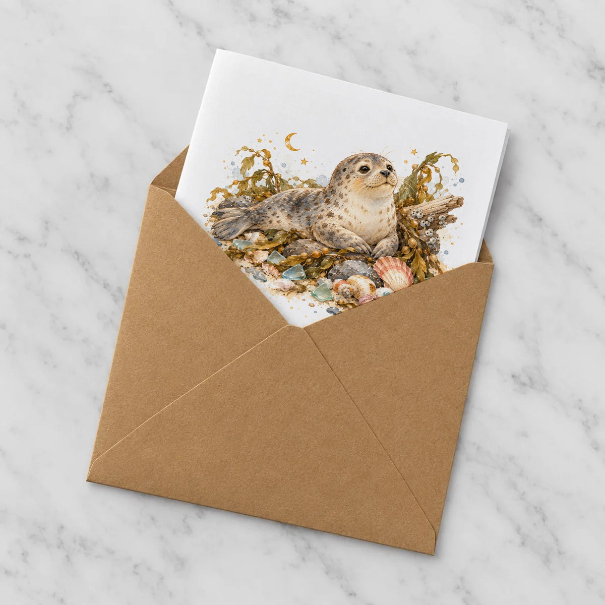 Moonlit Seal and Seashells Greeting Card – Half in Envelope