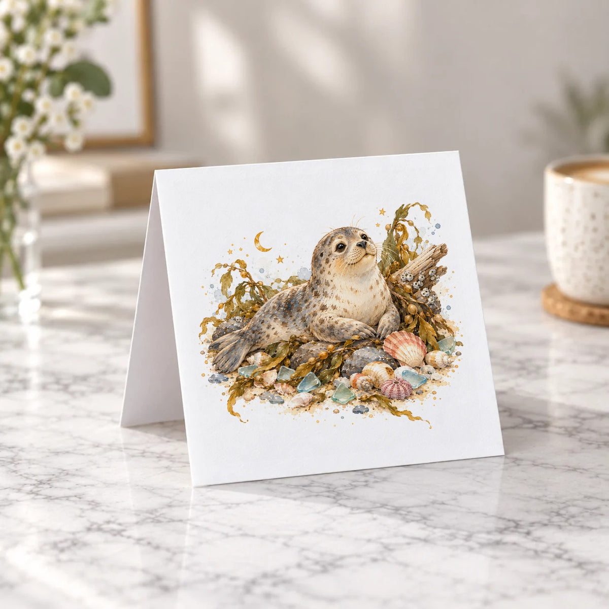 Moonlit Seal and Seashells Greeting Card – Tent Fold