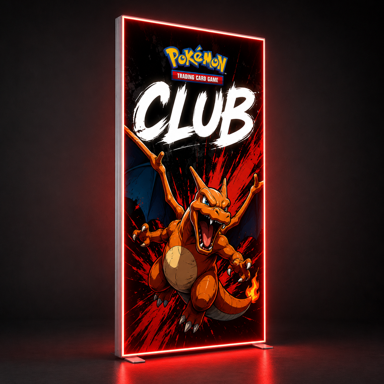 A vertical LED neon sign displaying a Charizard graphic with the text 'Pokémon Trading Card Game CLUB' in white, set against a dark background with red light reflections on the floor.
