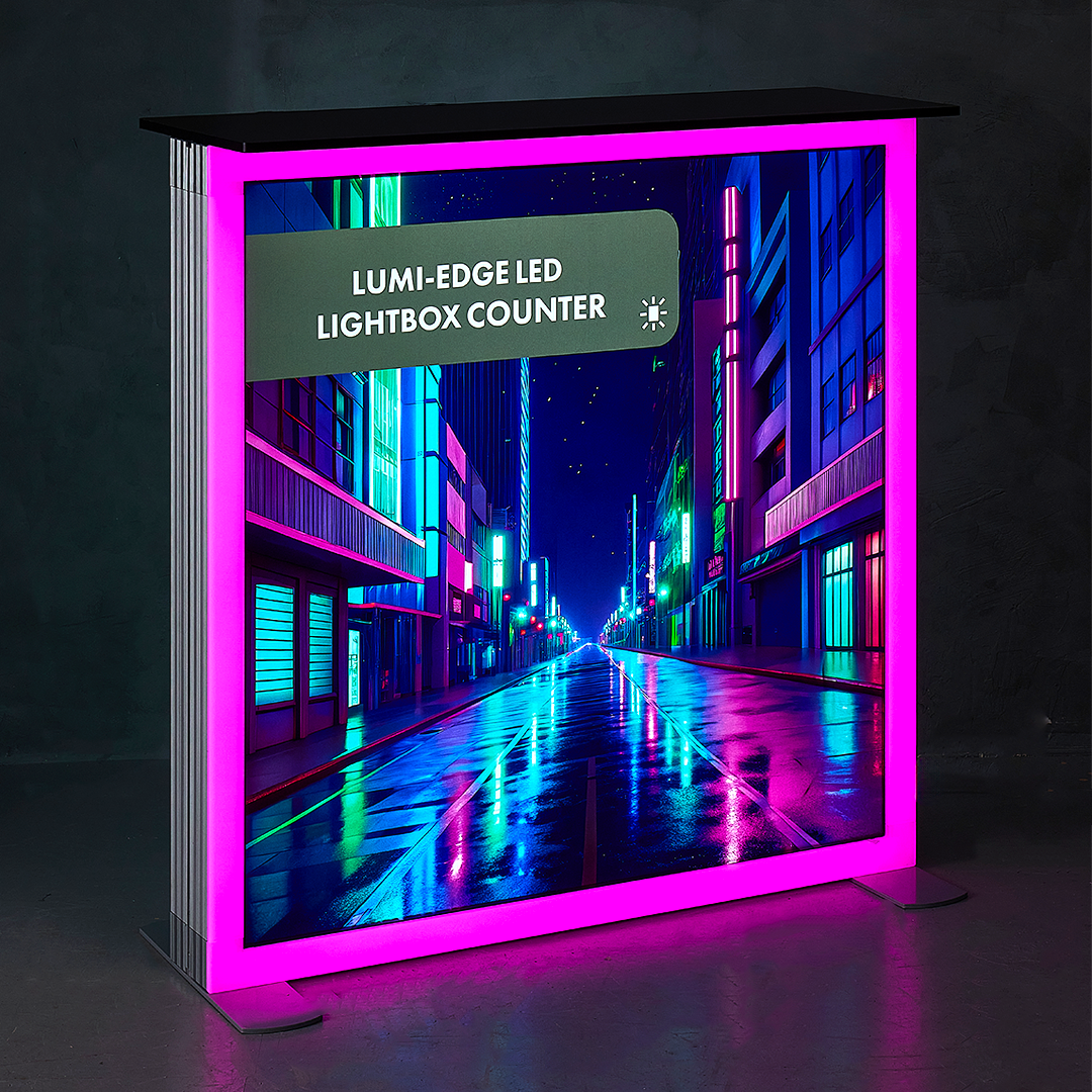 Custom LUMI-EDGE RGB illuminated display counter with pink edge lighting