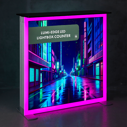 Custom LUMI-EDGE RGB illuminated display counter with pink edge lighting