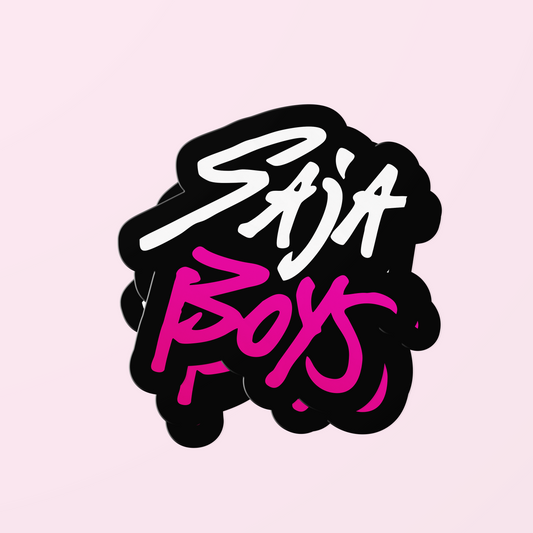 SAJA BOYS vinyl die cut sticker with bold white and neon pink logo on black background – K-Pop Demon Hunters fan merch for laptops, bottles, and skateboards. Bold SAJA BOYS logo vinyl sticker for laptops, bottles & more. Premium waterproof die cut decal – perfect K-Pop Demon Hunters fandom merch.  SAJA BOYS Vinyl Die Cut Sticker – K-Pop Demon Hunters Logo Decal SAJA BOYS Vinyl Die Cut Sticker – K-Pop Demon Hunters Logo Decal | Anime Fandom Merch, Laptop, Water Bottle, Skateboard, Scrapbook Decoration