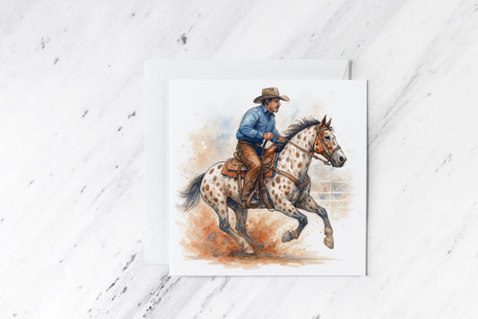 Appaloosa Rodeo Cowboy Card – Western Horse Rider Watercolour Illustration – Country Horseman Art – Rustic Americana Greeting – Handmade