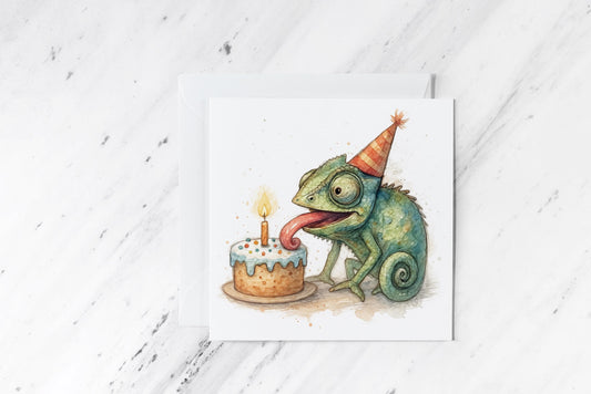 Funny Chameleon Birthday Card – Quirky Reptile Greeting – Animal Art – Lizard Lover Birthday – Humorous Party Card for Her or Him