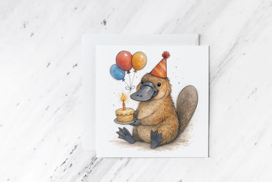 Birthday Platypus Card – Cute Watercolour Animal with Cake – Quirky Aussie Greeting – Handmade Funny Birthday Card