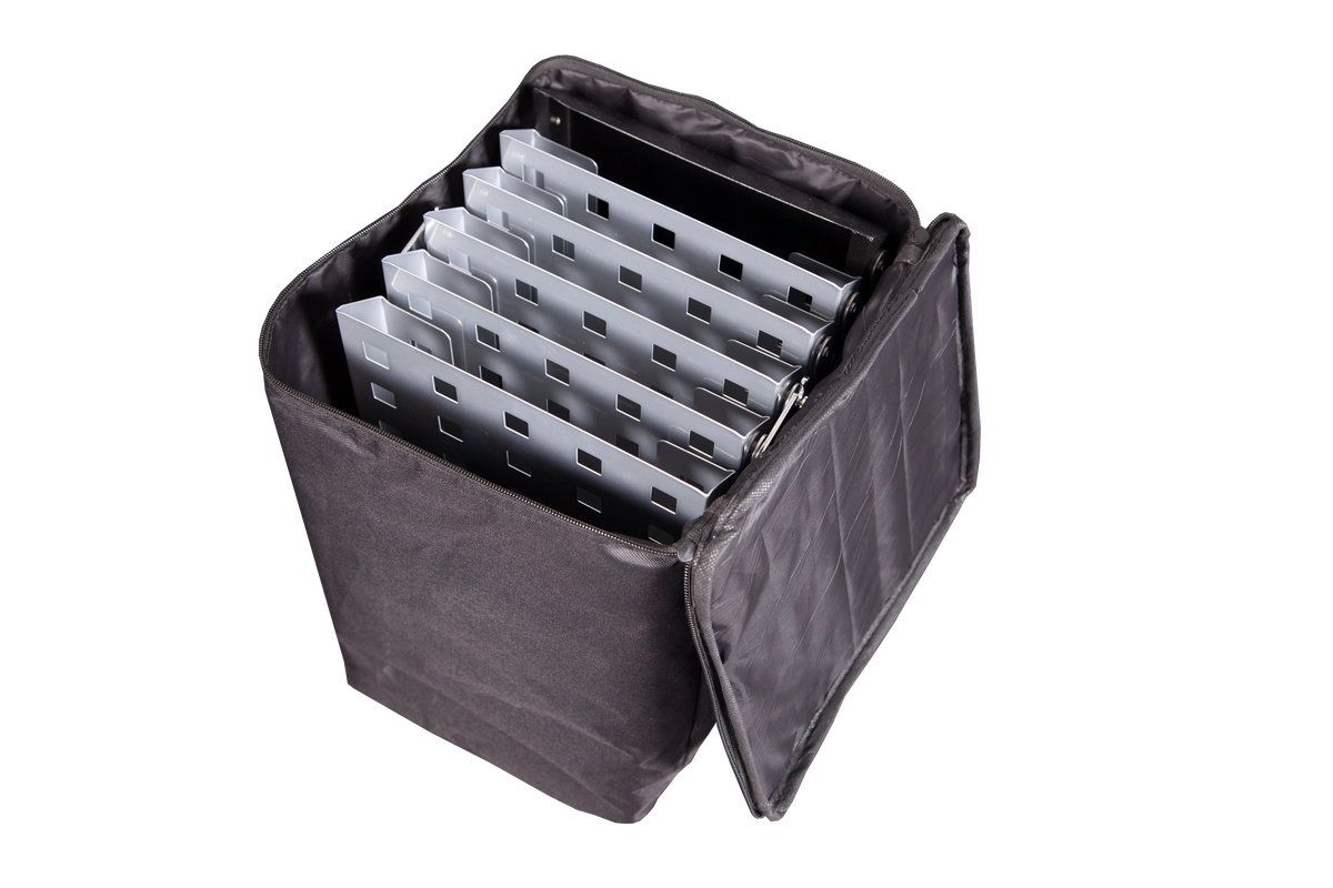 A4 steel cantilever literature stand packed in its padded carry bag