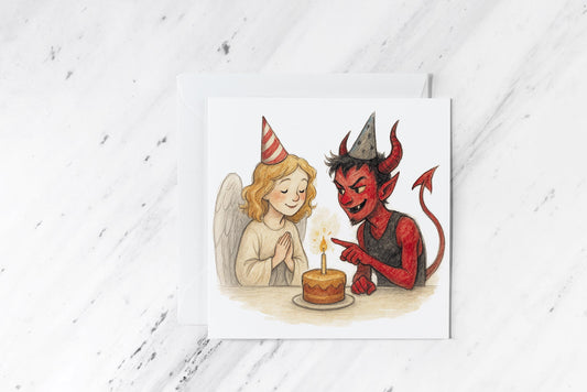 Angel and Devil Birthday Card – Cute Good vs Evil Party Scene – Whimsical Funny Greeting – Watercolour Art – Handmade Gothic Stationery