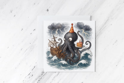 Kraken Birthday Card – Funny Octopus Cake Illustration – Nautical Sea Monster Greeting – Watercolour Tentacle Art – Alternative Party Card