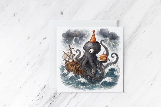 Kraken Birthday Card – Funny Octopus Cake Illustration – Nautical Sea Monster Greeting – Watercolour Tentacle Art – Alternative Party Card