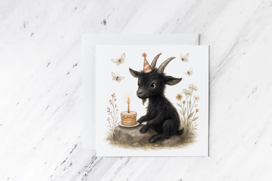 Birthday Black Goat Card – Gothic Watercolour Farm Animal – Quirky Handmade Greeting – Alternative Birthday Card