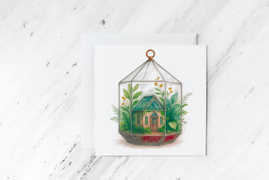 Terrarium House Greeting Card – Watercolour Cottagecore Illustration – Botanical Glasshouse Art – Whimsical Nature-Inspired Stationery