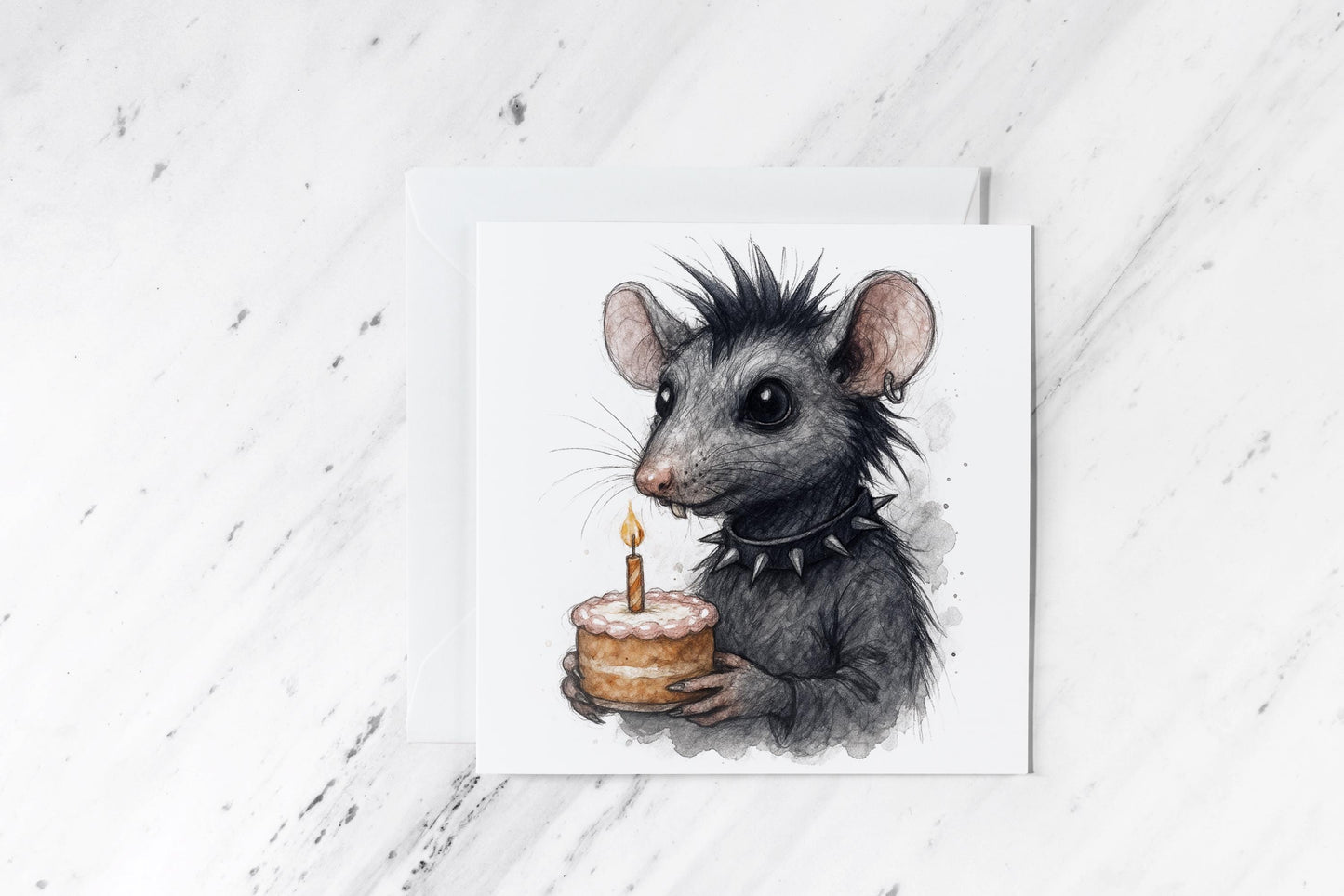Birthday Goth Rat Card – Alternative Watercolour Rodent Art – Funny Dark Birthday Greeting – Handmade Punk Animal Card